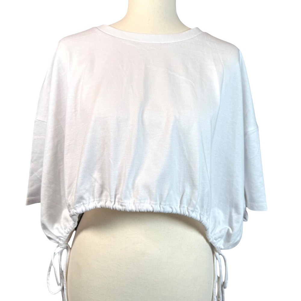Zara Crop Top Women‎ L White NEW Drawstring Hem Short Sleeve Casual Clean Girl